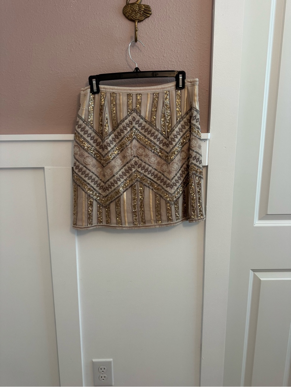 Anthropologie Darla Embroidered Sequin Mini Skirt Chevron Gold Party